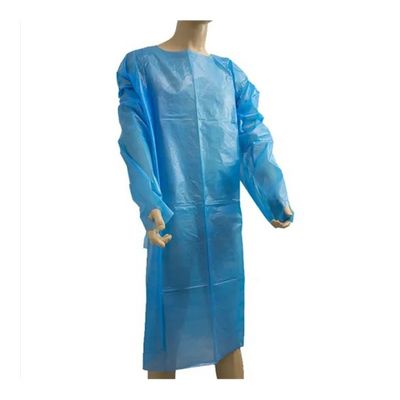Wegwerfpolyäthylen. Flüssigkeit-sichere Unisexarbeitskleidung. Schützende Uniform mit Bindungs-Rückseite und Daumen-Loch